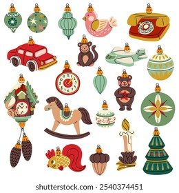 A set of Soviet Christmas tree toys of various objects and shapes. Glass toys. Illustration in vintage tones of forest motifs, objects. Festive decor items for decorating the Christmas tree