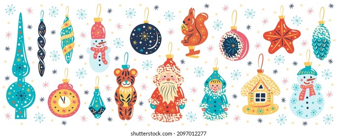 A set of Soviet New Year's tree decoration: Ded Moroz, Snegurochka, tiger cub, snowmen, pine cone, balls, icicles, star, house toy, bell, chimes, squirrel.