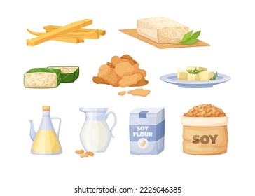 Set of soy containing organic vegetarian food products. Soybean healthy high protein meal. Dry brown beans, flour, oil, milk, tofu cartoon vector