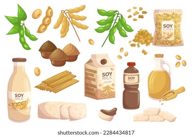 Set of Soy Products Containing Tofu, Soy Milk, Miso Paste, Soy Sauce, Oil and Flakes Ideal For Vegan, Vegetarian, Or Asian Cuisine. Isolated Collection Of Soy-based Foods. Cartoon Vector Illustration