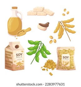 Set of Soy Products such as Tofu, Soy Milk and Flakes, Edamame Beans, Soy Sauce, Oil And Tempeh. Vegetarian Or Vegan Diet, Healthy Nutrition Isolated Icons for Health. Cartoon Vector Illustration