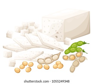 Set of soy products tofu and beans organic vegetarian food vector illustration isolated on white background web site page and mobile app.
