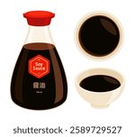 Set of soy sauce bottle and dipping bowl. Asian, Oriental, Chinese, Korean, Japanese cuisine, seasoning, and condiment concept. Flat vector illustration isolated on white background
