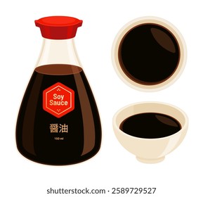 Set of soy sauce bottle and dipping bowl. Asian, Oriental, Chinese, Korean, Japanese cuisine, seasoning, and condiment concept. Flat vector illustration isolated on white background