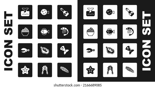 Set Soy Sauce Bottle, Fish, Caviar, Whale Tail In Ocean Wave, Shrimp, Hedgehog,  And Lobster Or Crab Claw Icon. Vector