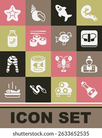 Set Soy sauce bottle, Fisherman, Sushi on cutting board, Shark, Sea cucumber jar, Starfish and Tropical icon. Vector