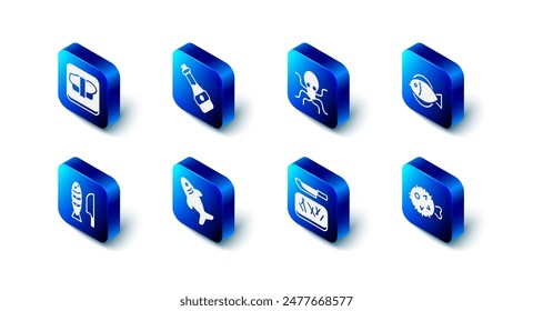 Set Soy sauce bottle, Octopus, Fish, hedgehog, Cutting board and knife, Shark, with sliced pieces and Sushi on cutting icon. Vector