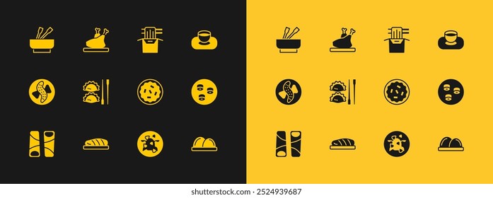 Set Soy sauce in bowl, Fish steak, Homemade pie, Kung Pao chicken, Dumpling with chopsticks, Asian noodles paper box,  and Roasted turkey or icon. Vector