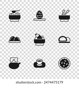 Set Soy sauce in bowl, Sushi, Homemade pie, Rice with fish, Asian noodles, Ramen soup, Chinese tea egg and  icon. Vector