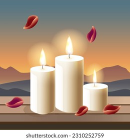 A set of soy wax candles with a desert or mountain backdrop and rose flower petals at sunset