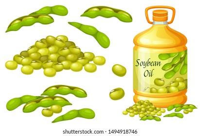 Set soybeans oil, seed and leaf. Isolated vector illustration on white background.