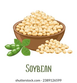 Set of soybeans. Soybean plant, soybeans in pods, in a bowl. Food, agriculture. Illustration, vector