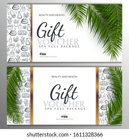 Set of Spa or Beauty saloon Gift vouchers with palm leaves and hand draw doodle background