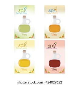 Set of spa business cards with flasks of lotions and text