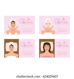 Set of spa business cards with women in towels, butterflies icon and text