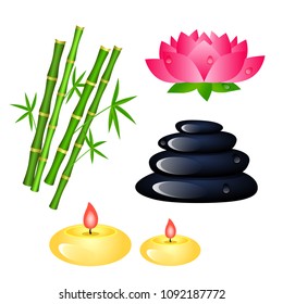Set of Spa center elements with bamboo, candles, Lotus and stones for decoration isolated on white background. Vector illustration.