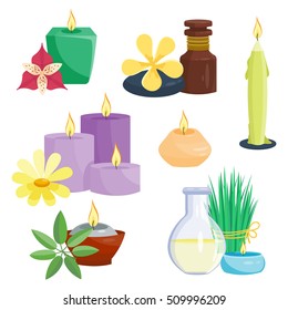 Set of spa compositions with candles, flowers, grass and bottle with oil. Vector illustration for spa salon. Cartoon style