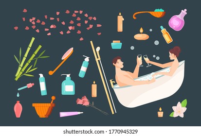 Set of spa cosmetics and accessories. Lovers in bath drinking wine. Isolated Icons for home spa day or romantic dating for couple in love . Flat Art Vector Illustration