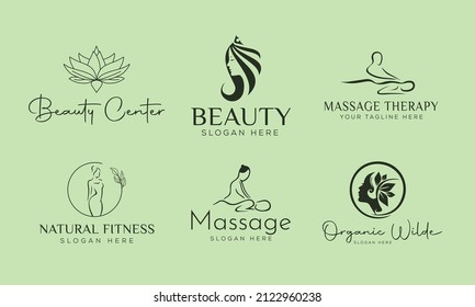 Set of Spa element Hand Drawn Logo with body and Leaves. Logo for spa and beauty salon, boutique, massage therapy, organic shop, relaxation, woman body, interior, yoga, cosmetics, jewelry store