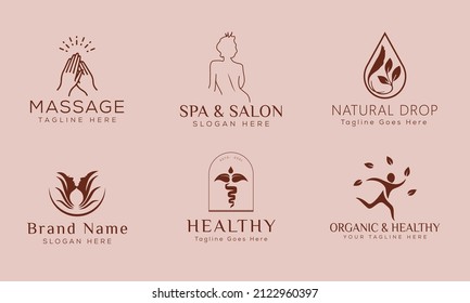 Set of Spa element Hand Drawn Logo with body and Leaves. Logo for spa and beauty salon, boutique, massage therapy, organic shop, relaxation, woman body, interior, yoga, cosmetics, jewelry store