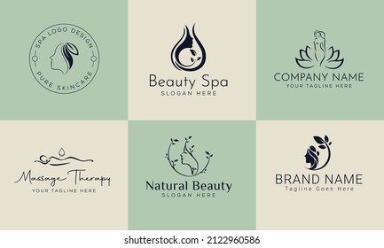 Set von Spa Element Handgezeichnetes Logo mit Körper und Blätter. Logo für Spa- und Schönheitssalon, Boutique, Massage-Therapie, Bio-Shop, Entspannung, Frauenkörper, Inneneinrichtung, Yoga, Kosmetik, Juwelierladen