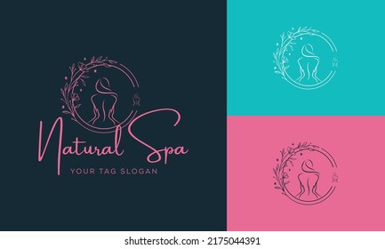 Set of Spa element Hand Drawn Logo with body and Leaves. Logo for spa and beauty salon, boutique, massage therapy, organic shop, relaxation, woman body, interior, yoga, cosmetics, jewelry store