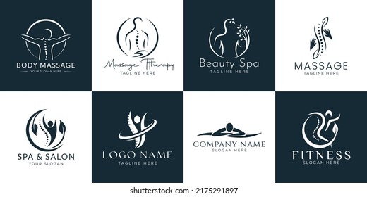 Set of Spa element Hand Drawn Logo with body and Leaves. Logo for spa and beauty salon, boutique, massage therapy, organic shop, relaxation, woman body, interior, yoga, cosmetics, jewelry store