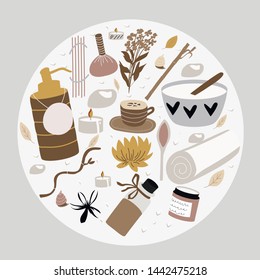 Set of spa elements for aroma and stone therapy , body care, beauty salon, wellness center, relax, health, thai massage, meditation. Hand drawn doodle collection . Vector illustration.
