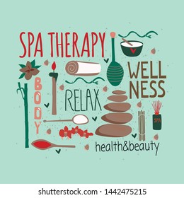  Set of spa elements  and typography for spa therapy, stone  and honey , body care, beauty salon, wellness center, relax, health, thai massage, meditation. Hand drawn collection of beauty. Vector illu