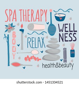  Set of spa elements  and typography for spa therapy, body care, beauty salon, wellness center, relax, health, thai massage, meditation.template for greeting, postcard Hand drawn collection. 