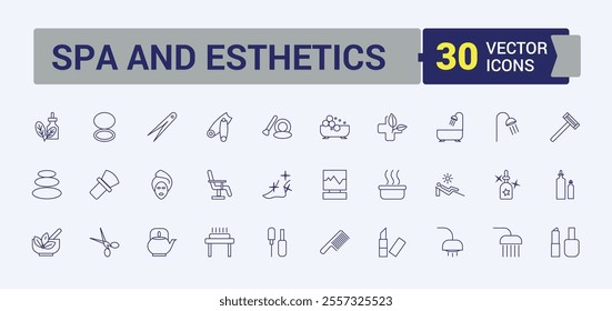 Set of Spa and Esthetics line icons. Contains such icons as immune, head, ayurveda, incense, oil, towel, homeopathy, oriental. Isolated icons design. Vector outline icons collection.