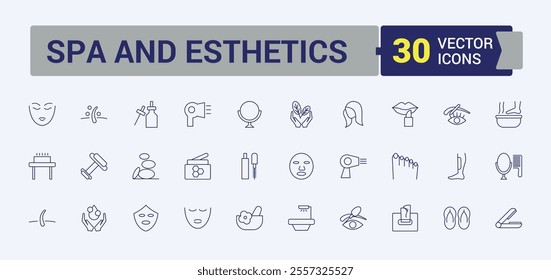 Set of Spa and Esthetics line icons. Contains such icons as immune, head, ayurveda, incense, oil, towel, homeopathy, oriental. Isolated icons design. Vector outline icons collection.