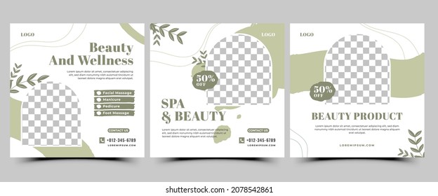 Set Of Spa And Massage Social Media Template. Square Banner Template With Abstract Green Shape And Place For The Photo. Suitable For Social Media Post, Flyer, Banner, And Web Internet Ads.