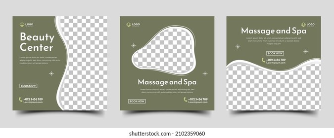 Set of spa and massage social media template. Square banner with green color and place for the photo. Suitable for social media, banner, and web internet ads. - Shutterstock ID 2102359060