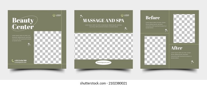 Set of spa and massage social media template. Square banner with green color and place for the photo. Suitable for social media, banner, and web internet ads.