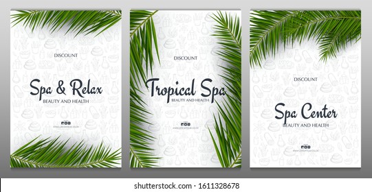 Set of Spa and Relax banners with palm leaves and hand draw doodle background