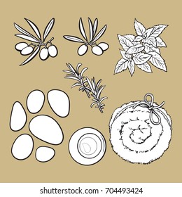 Set of spa salon accessories - basalt stones, massage oil, towel, candles, aromatic salt, black and white outline sketch vector illustration on color background.