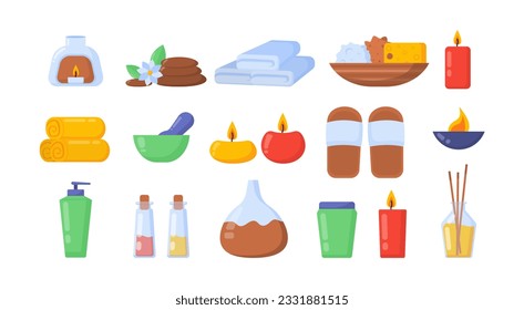 Set of spa salon items concept. Towels and rocks, candles. Relax and wellbeing. Body and skin care, massage. Beauty procedures equipment. Cartoon flat vector collection isolated on white background
