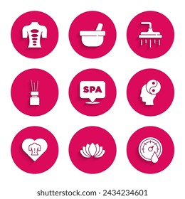 Set Spa salon, Lotus flower, Sauna thermometer, Yin Yang, Massage, Aroma diffuser, Shower head and stone therapy icon. Vector