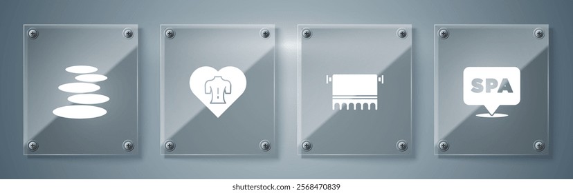 Set Spa salon, Towel hanger, Massage and Stack hot stones. Square glass panels. Vector