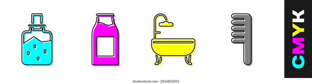 Ponga sal de Spa, botella con leche, bañera e icono del peine. Vector