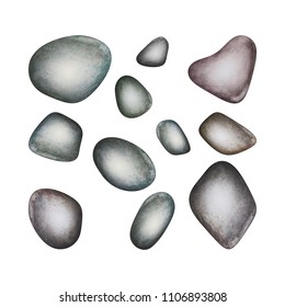 Set of SPA sea colorful stones isolated on white background. Watercolour hand drawn abstract rocks art work illustration. Color pale geometric shapes. SPA concept