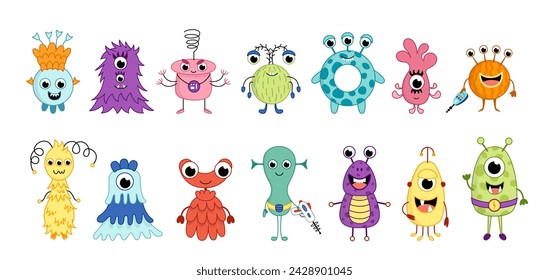 Set of space aliens. Colorful ufo monsters. Cartoon, vector