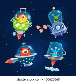 Set Of Space Aliens, Monsters. Dark Background. Vector, Illustration