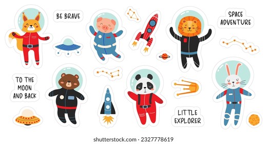 Set of space animal stickers. Cute animals in spacesuits. Panda, lion, rabbit, bear, squirrel and piggy, rockets, UFOs, constellations, planets. Adventure vector sticker set. Children's illustration.