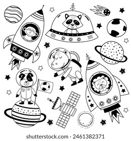 set of space animals. Dog, lion, hippo, raccoon, monkey in space