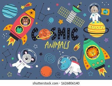 set of space animals. Dog,lion,hippo,koala,frog and squirrel in space  - vector illustration, eps    