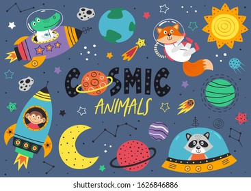 set of space animals.Crocodile, monkey,raccoon,fox in space  - vector illustration, eps    