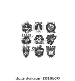 Set of space and astronaut ,  pattern with cartoon space rockets, planets, stars, slogans, patches, emblems, badges and labels. - Vector