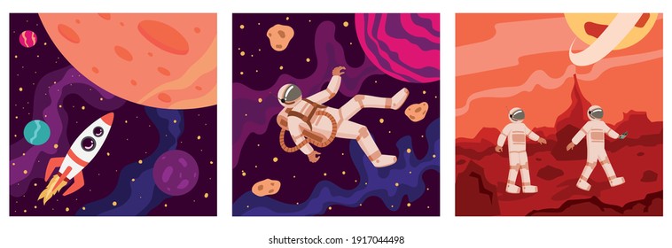 Set of space and astronauts. Rocket flies towards the moon. Astronaut in outer space. Two astronauts walk across Mars. Vector illustration design.